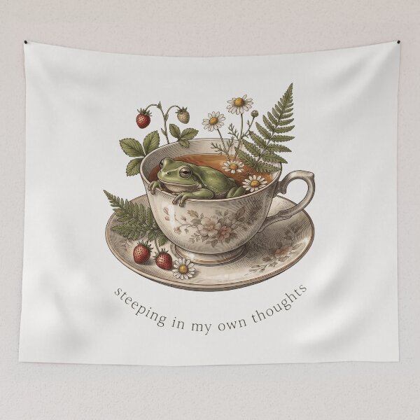 Item preview, Minimalist Botanical Frog Teacup Fine Line Art Poster designed and sold by Aesthetic Amphi-Lab.