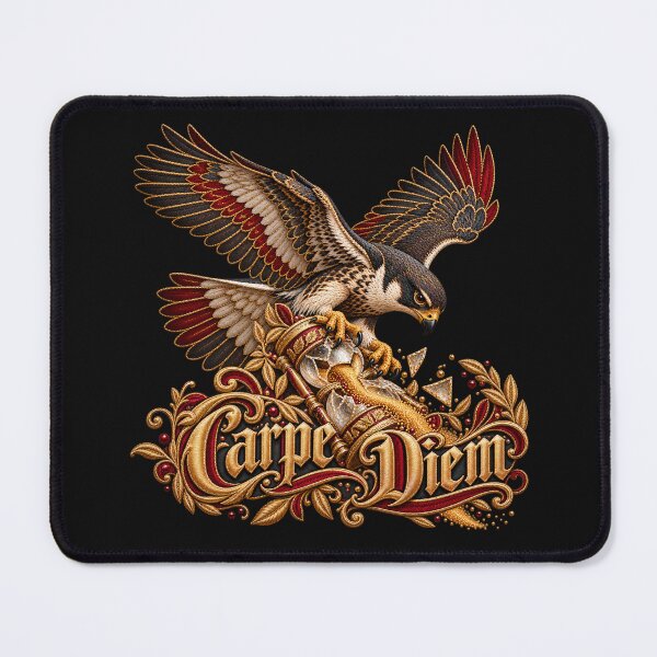 Item preview, Carpe Diem Falcon Embroidery – Ornate Gold Hourglass Latin Motto Art designed and sold by Emoji Emblems.