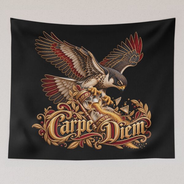Item preview, Carpe Diem Falcon Embroidery – Ornate Gold Hourglass Latin Motto Art designed and sold by Emoji Emblems.