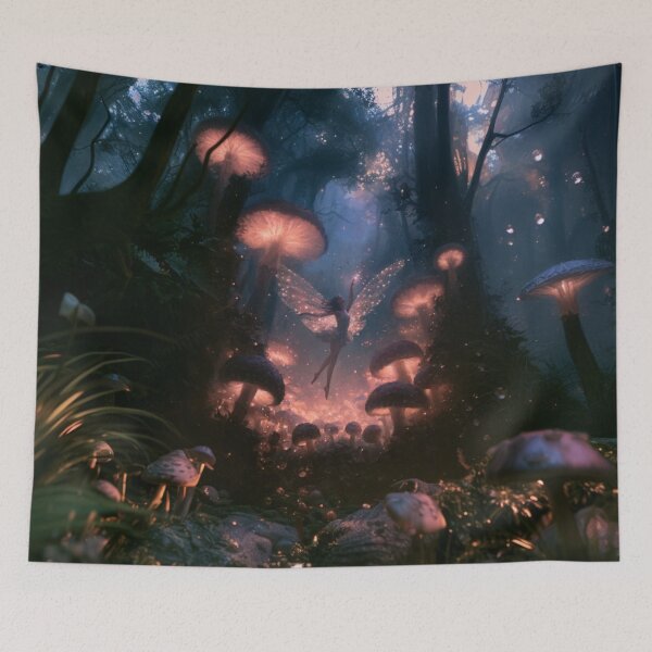 Item preview, A delicate Fairy dancing among glowing mushrooms in an enchanted woodland at twilight, Fantasy & Mythological Creatures designed and sold by CDC40.