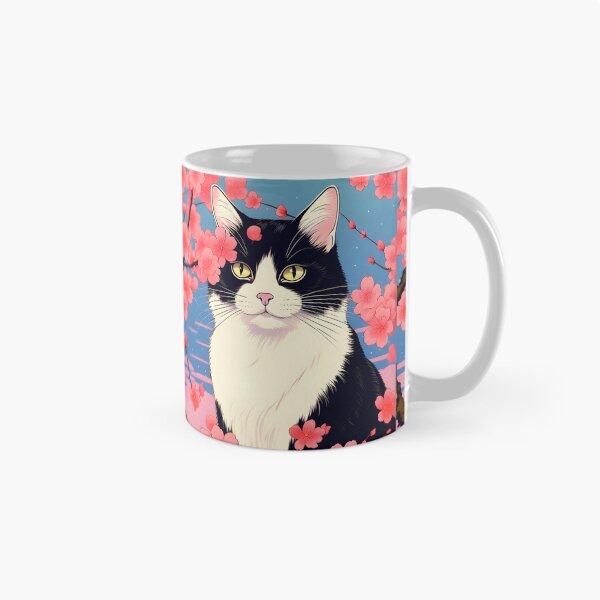 Item preview, Japanese Tuxedo Cat Sakura Cherry Blossom Vintage Neko Art designed and sold by Catophile.