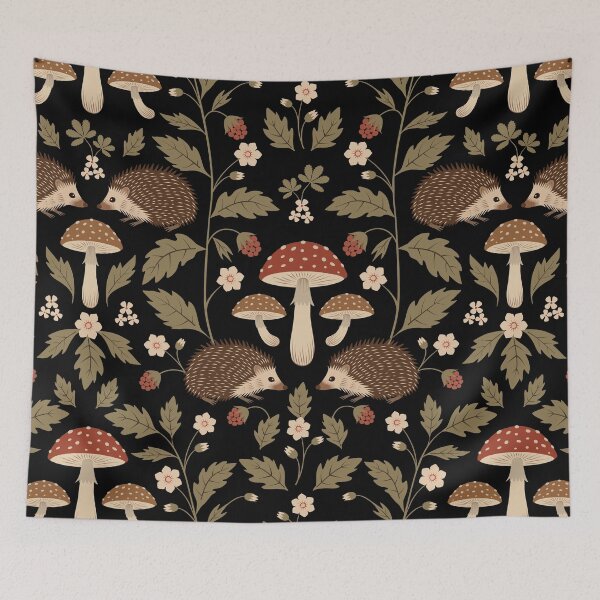 Item preview, Vintage Hedgehogs and Mushrooms on Black designed and sold by cafelab.