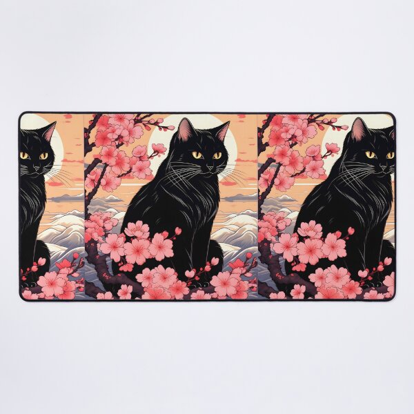 Item preview, Japanese Black Cat Sakura Neko Harmony Vintage Floral Art designed and sold by Catophile.