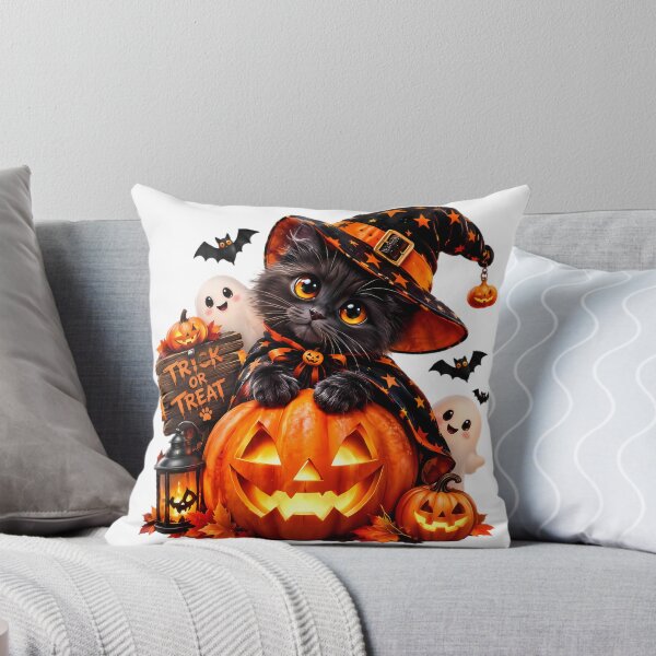 Item preview, Trick or Treat Whiskers - Gray Witch Kitten on Glowing Jack-O-Lantern with Ghosts, Bats & Vintage Lantern  designed and sold by HoMya.