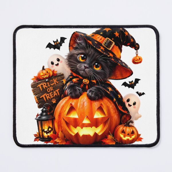 Item preview, Trick or Treat Whiskers - Gray Witch Kitten on Glowing Jack-O-Lantern with Ghosts, Bats & Vintage Lantern designed and sold by HoMya.
