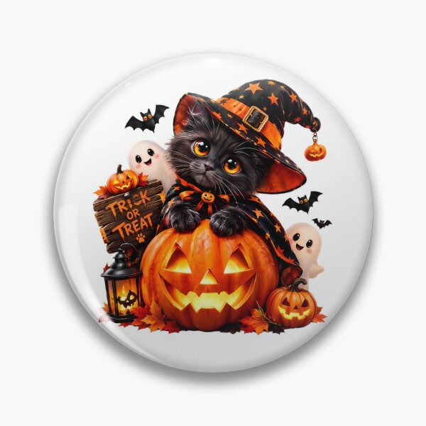 Item preview, Trick or Treat Whiskers - Gray Witch Kitten on Glowing Jack-O-Lantern with Ghosts, Bats & Vintage Lantern  designed and sold by HoMya.