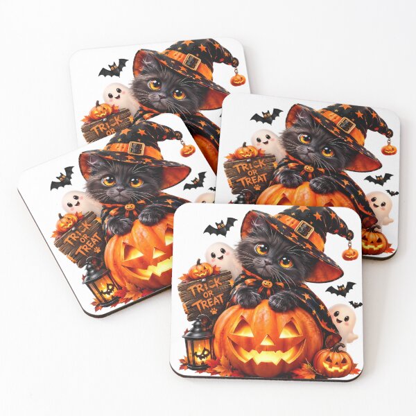 Item preview, Trick or Treat Whiskers - Gray Witch Kitten on Glowing Jack-O-Lantern with Ghosts, Bats & Vintage Lantern  designed and sold by HoMya.