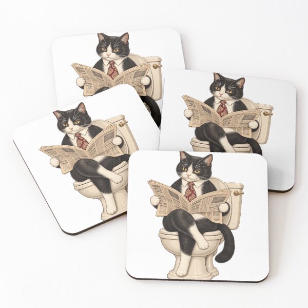Item preview, Vintage black and white cat reading the newspaper in the bathroom designed and sold by Limmagin.