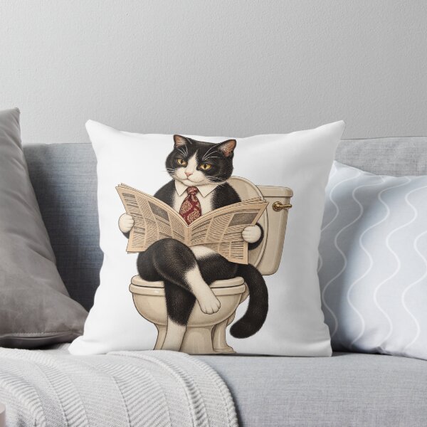 Item preview, Vintage black and white cat reading the newspaper in the bathroom designed and sold by Limmagin.