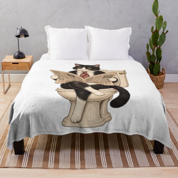 Item preview, Vintage black and white cat reading the newspaper in the bathroom designed and sold by Limmagin.