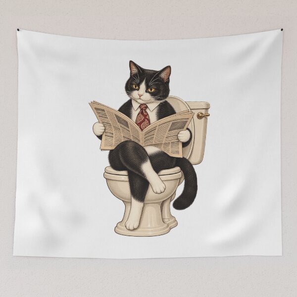 Item preview, Vintage black and white cat reading the newspaper in the bathroom designed and sold by Limmagin.