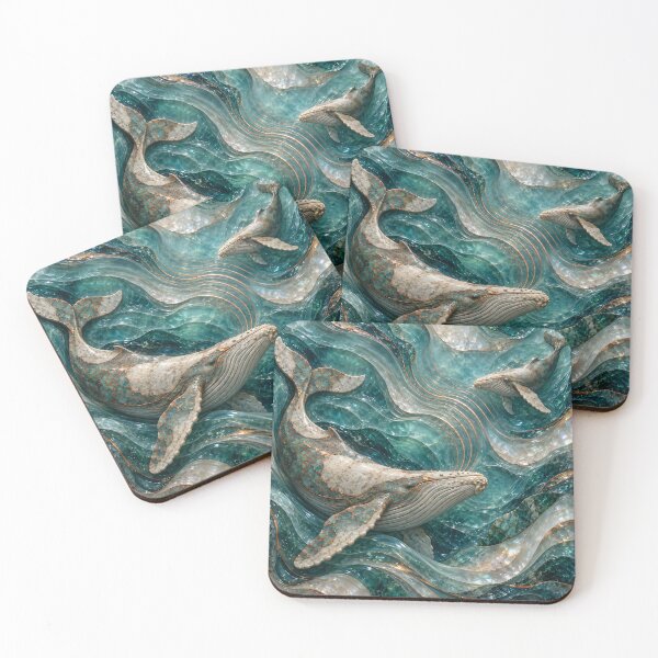 Item preview, Turquoise Mosaic Whales in Crystal Ocean Waves – Luxury Marine Fantasy Art Print designed and sold by Kaleidoscope Print.