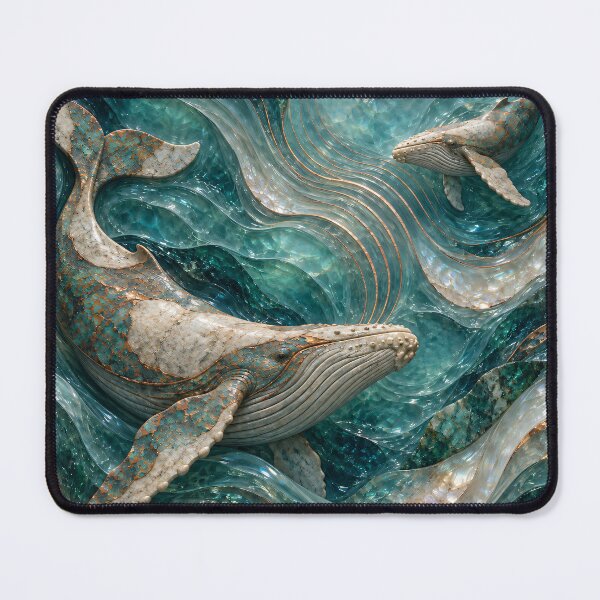 Item preview, Turquoise Mosaic Whales in Crystal Ocean Waves – Luxury Marine Fantasy Art Print designed and sold by Kaleidoscope Print.