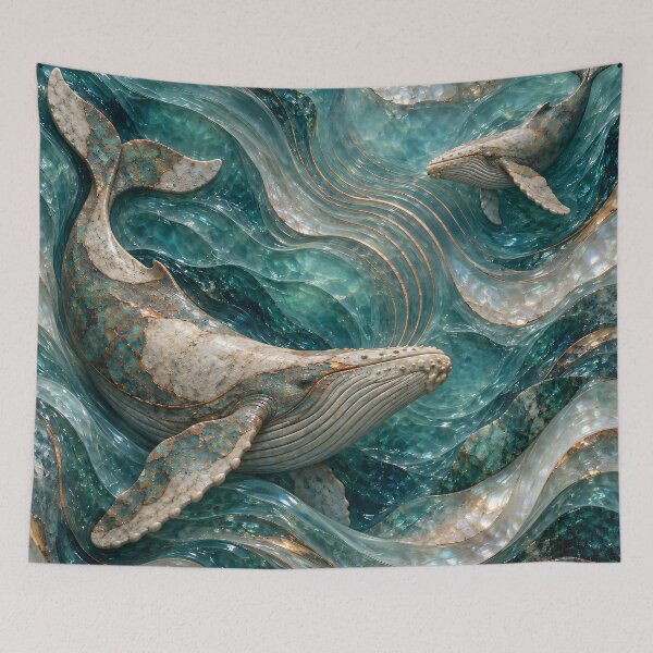 Item preview, Turquoise Mosaic Whales in Crystal Ocean Waves – Luxury Marine Fantasy Art Print designed and sold by Kaleidoscope Print.