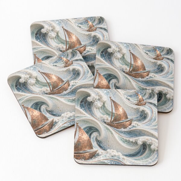 Item preview, Copper Sailboats on Ceramic Ocean Waves – Luxury Coastal Nautical Art Print designed and sold by Kaleidoscope Print.