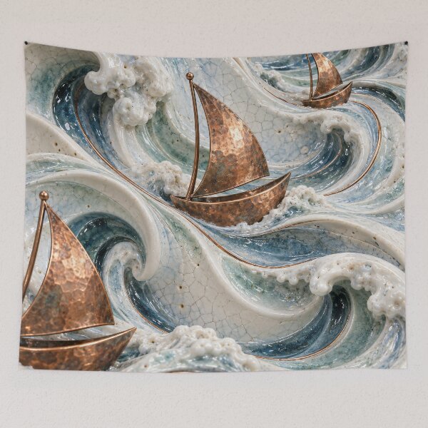Item preview, Copper Sailboats on Ceramic Ocean Waves – Luxury Coastal Nautical Art Print designed and sold by Kaleidoscope Print.