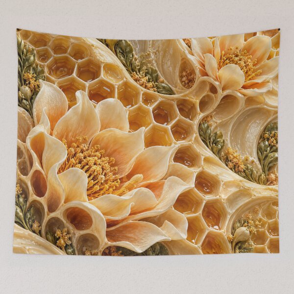 Item preview, Golden Honeycomb and Blooming Flowers – Luxury Honey Botanical Art Print designed and sold by Kaleidoscope Print.