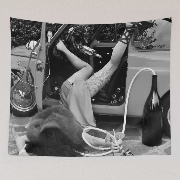 Item preview, Wasted in Baton Rouge, funny girl tumbling out of car alcoholic beverages humorous black and white photograph designed and sold by Astrid Arkhangelsky.