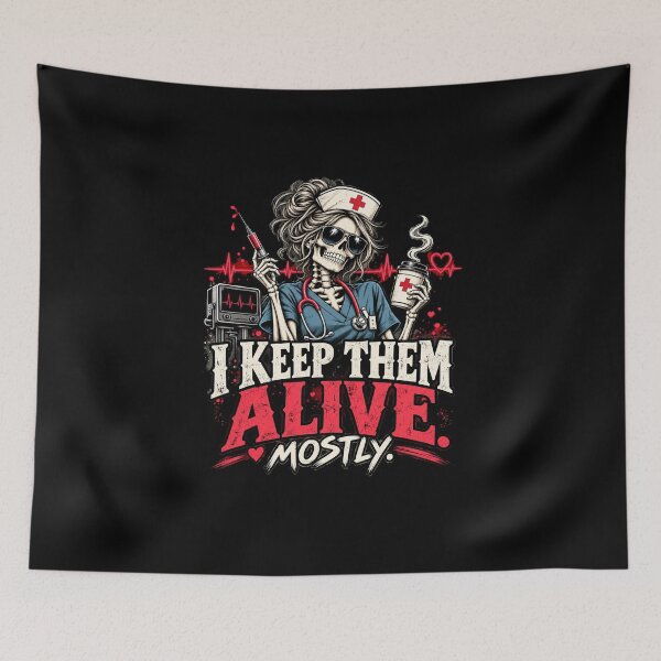 Item preview, I Keep Them Alive Mostly – Funny Skeleton Nurse Halloween T-Shirt designed and sold by justforart91.