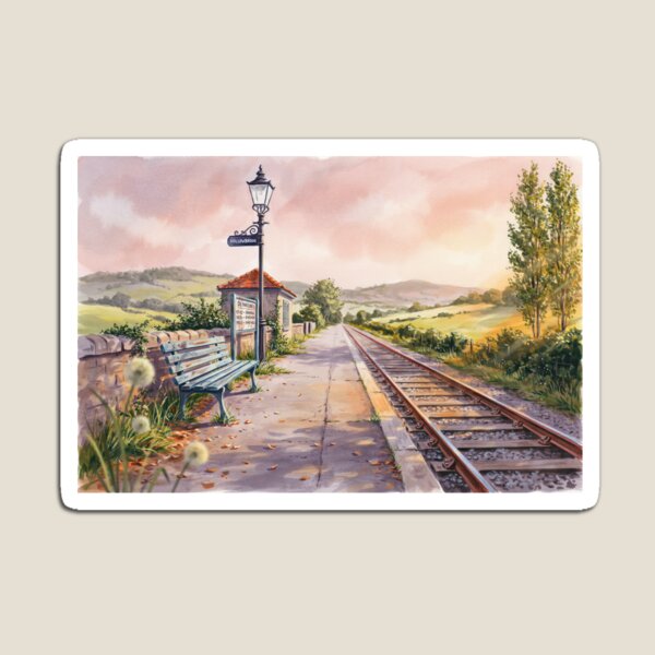 Item preview, Vintage Watercolor Train Station Hollowbrook Countryside Illustration Vector designed and sold by Shutter-Dragon.