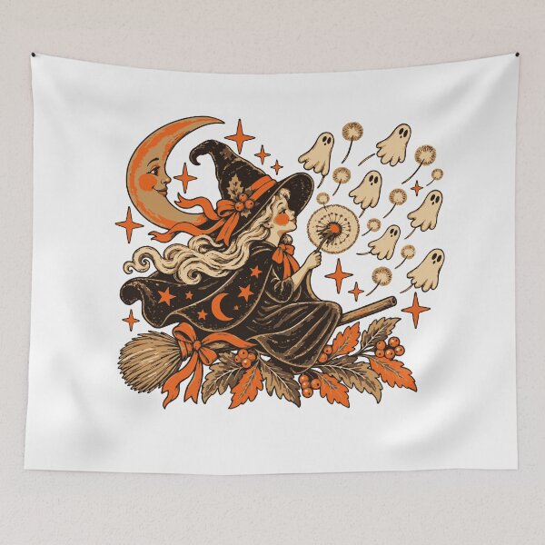 Item preview, Vintage Witch Ghosts Dandelion Halloween Broom designed and sold by CreativeBrains7.