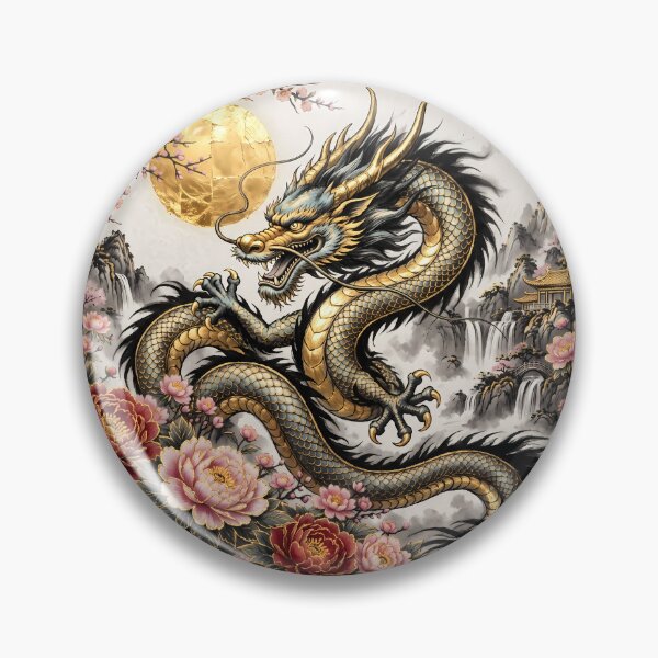 Item preview, Chinese Dragon with Peonies and Full Moon – Gold Ink Painting designed and sold by ManJiangHong.