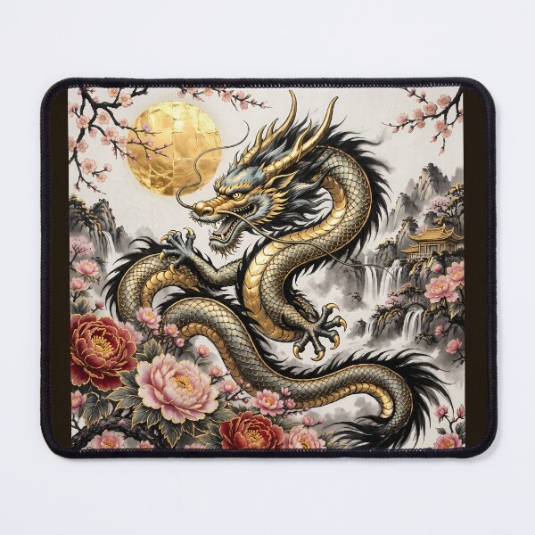 Item preview, Chinese Dragon with Peonies and Full Moon – Gold Ink Painting designed and sold by ManJiangHong.