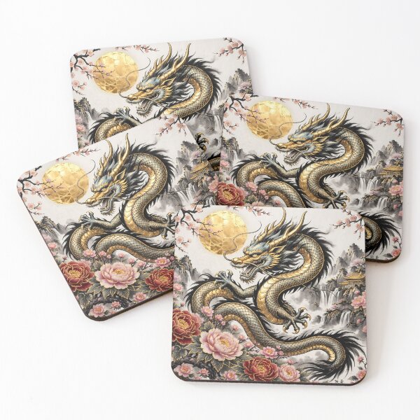 Item preview, Chinese Dragon with Peonies and Full Moon – Gold Ink Painting designed and sold by ManJiangHong.