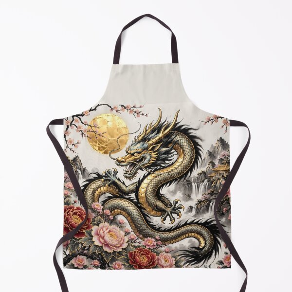 Item preview, Chinese Dragon with Peonies and Full Moon – Gold Ink Painting designed and sold by ManJiangHong.