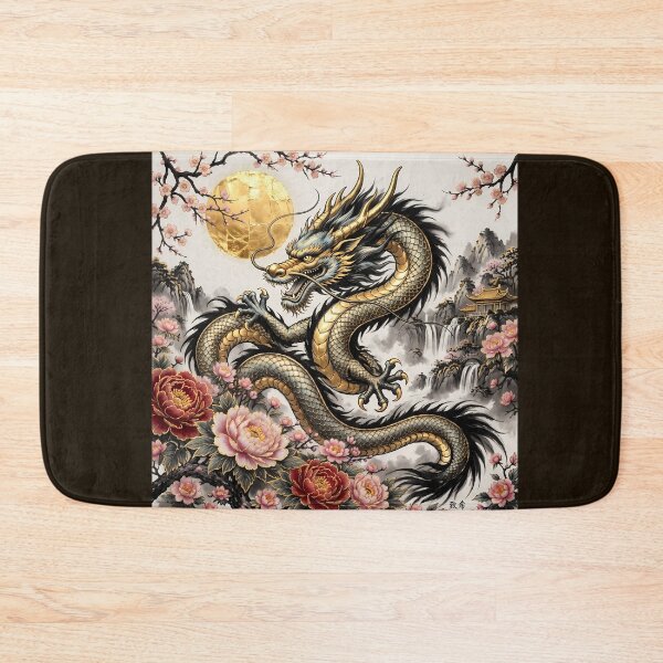 Item preview, Chinese Dragon with Peonies and Full Moon – Gold Ink Painting designed and sold by ManJiangHong.