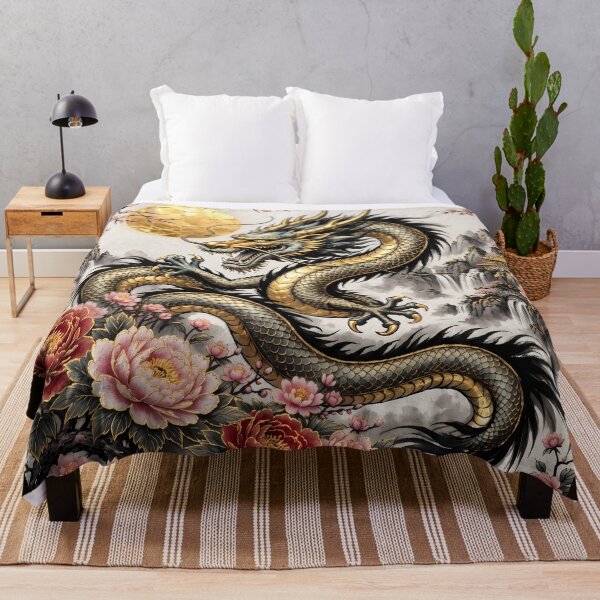 Item preview, Chinese Dragon with Peonies and Full Moon – Gold Ink Painting designed and sold by ManJiangHong.