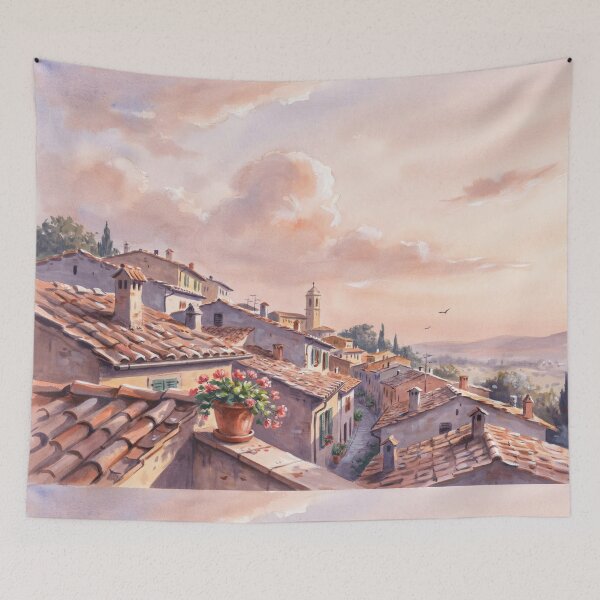 Item preview, Vintage Watercolor Italian Village Rooftops Tuscany Landscape Illustration Vector designed and sold by Shutter-Dragon.