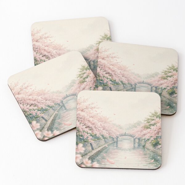 Item preview, Vintage Watercolor Cherry Blossom River Bridge Japan Illustration Vector designed and sold by Shutter-Dragon.