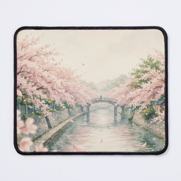 Item preview, Vintage Watercolor Cherry Blossom River Bridge Japan Illustration Vector designed and sold by Shutter-Dragon.
