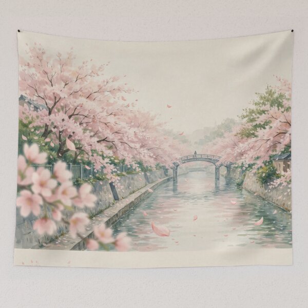 Item preview, Vintage Watercolor Cherry Blossom River Bridge Japan Illustration Vector designed and sold by Shutter-Dragon.
