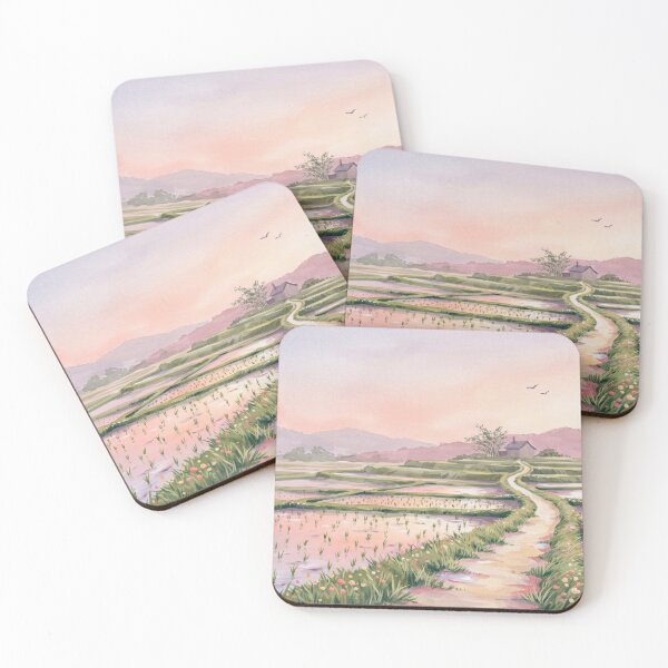 Item preview, Vintage Watercolor Rice Terrace Sunset Countryside Illustration Vector designed and sold by Shutter-Dragon.