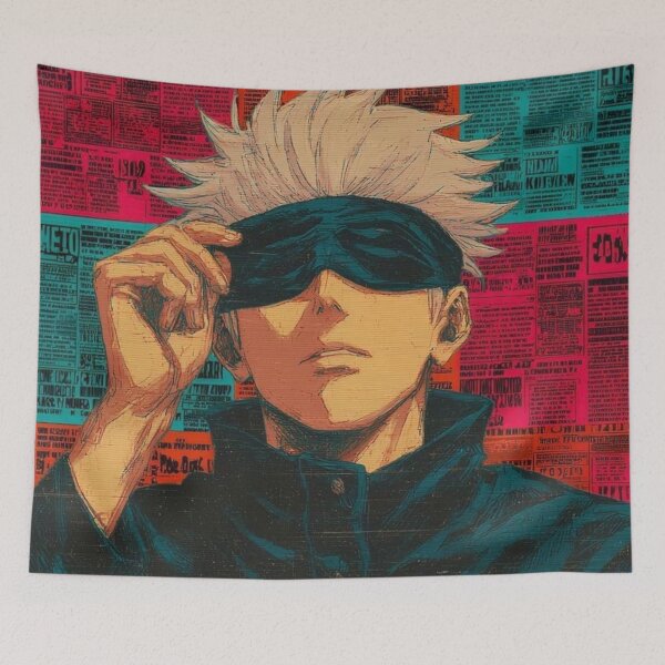 Item preview, Gojo Satoru Newspaper Collage – Jujutsu Kaisen Pop Art designed and sold by frantuliuss.