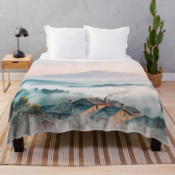 Item preview, Ghibli Style Watercolor Mountain Village Misty Sunset Landscape Illustration Vector designed and sold by Shutter-Dragon.