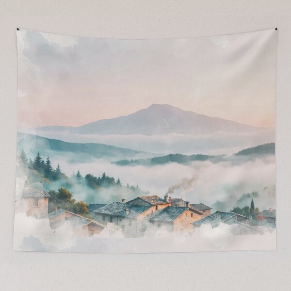 Item preview, Ghibli Style Watercolor Mountain Village Misty Sunset Landscape Illustration Vector designed and sold by Shutter-Dragon.
