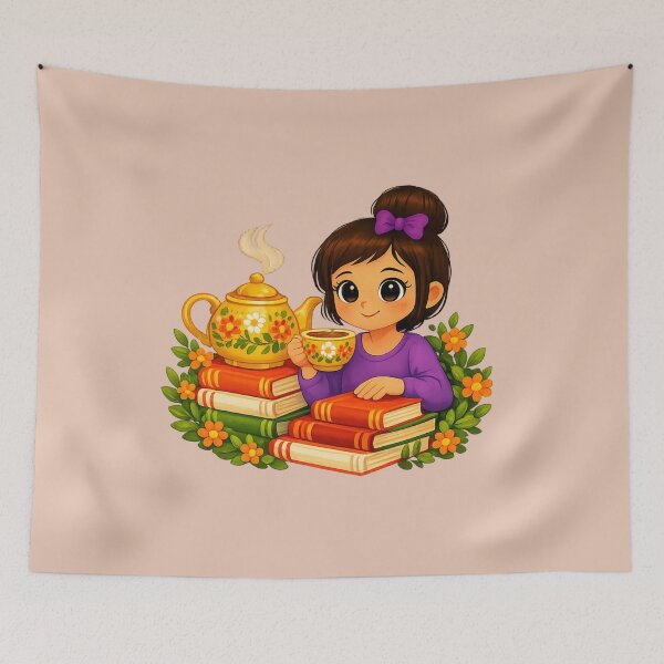 Item preview, Tea & Books Whimsical Girl Illustration designed and sold by Dew Drop Designs.