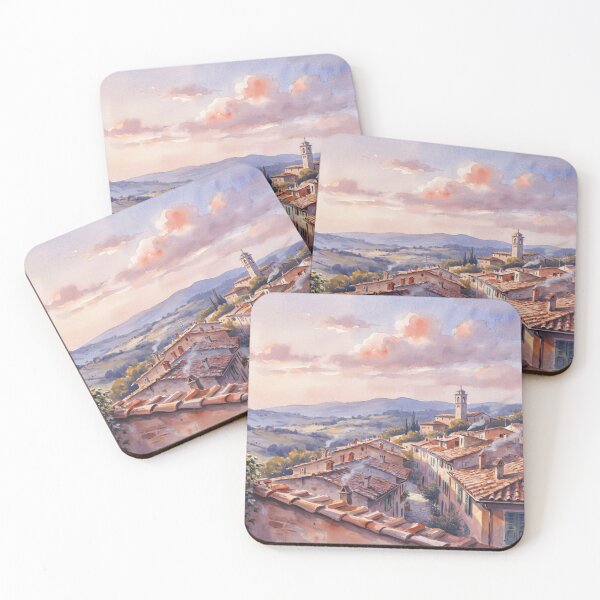 Item preview, Ghibli Style Watercolor Italian Village Tuscany Sunset Illustration Vector designed and sold by Shutter-Dragon.
