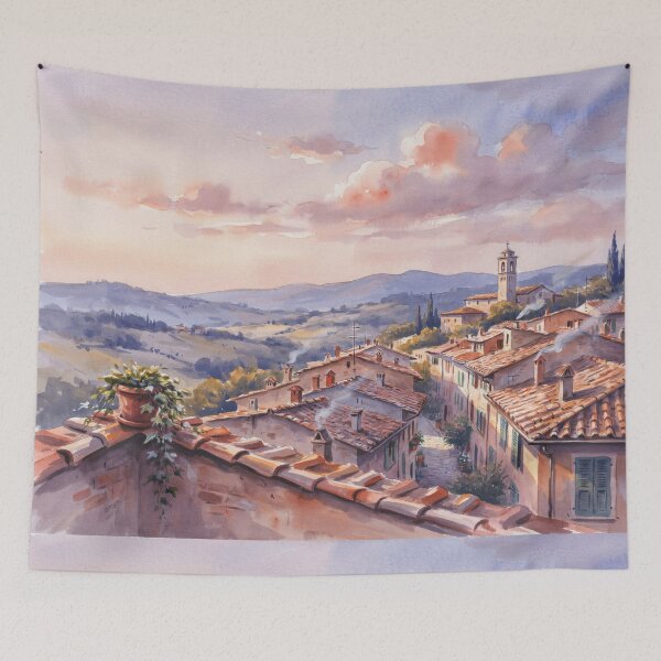 Item preview, Ghibli Style Watercolor Italian Village Tuscany Sunset Illustration Vector designed and sold by Shutter-Dragon.