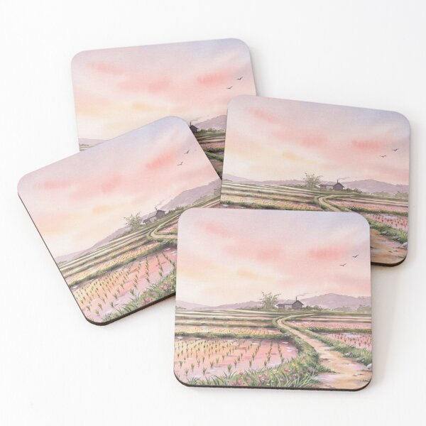 Item preview, Ghibli Style Watercolor Rice Terrace Sunset Countryside Illustration Vector designed and sold by Shutter-Dragon.