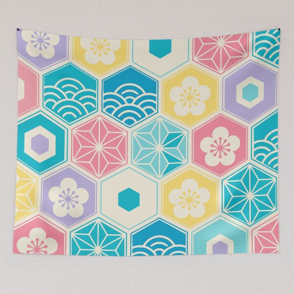 Item preview, Colorful Japanese Pattern with Plum Blossoms and Waves designed and sold by JapaneseWagaraStudio.