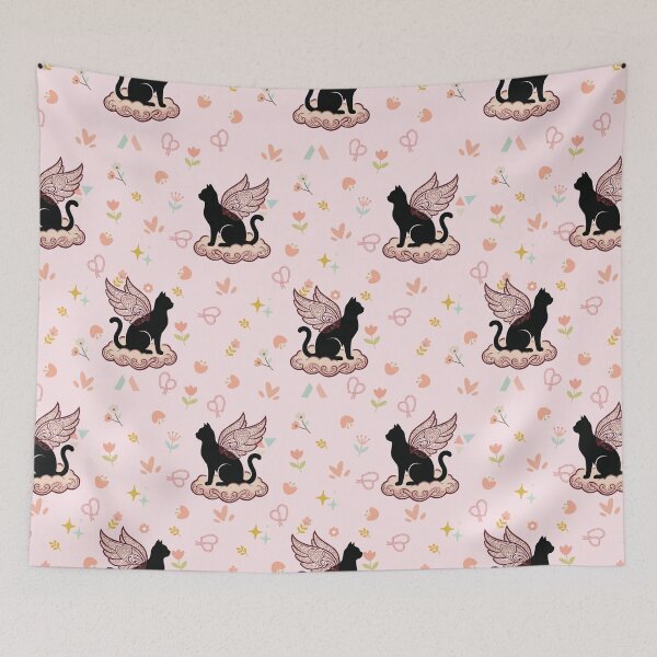 Item preview, Mystical Black Cat Winged Cloud Seamless Pattern Pink designed and sold by prapapon.