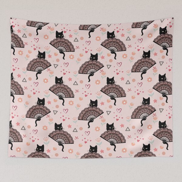 Item preview, Black Cat Lace Fan Seamless Pink Vector Pattern designed and sold by prapapon.