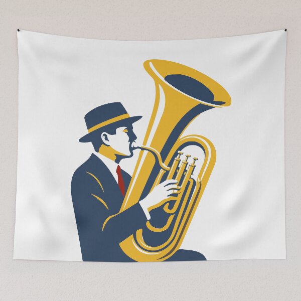 Item preview, Midnight Tuba Player | Bauhaus Jazz Art | Brass Musician Decor | Navy & Gold Mid Century Music Print designed and sold by Studio pod Burom.
