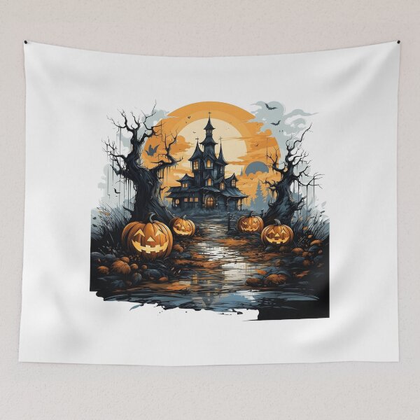 Item preview, Spooky Haunted House with Glowing Jack-o'-Lanterns Under Full Moon designed and sold by interdesigner.