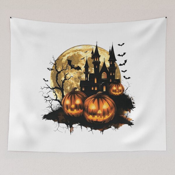 Item preview, Spooky Haunted Castle under Full Moon with Glowing Jack-o'-Lanterns designed and sold by interdesigner.