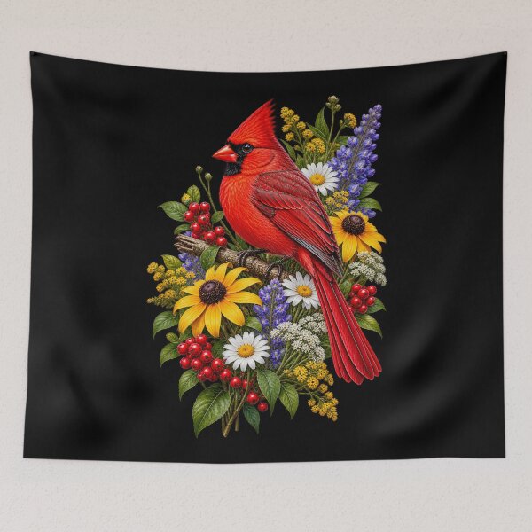Item preview, Cardinal Perched Beside Wildflowers Red Bird Botanical Nature Design designed and sold by RockitBaby.